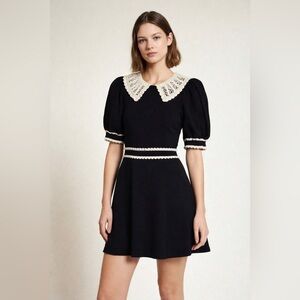Sandro Paris Black Mini Dress w/ Lace Collar Puff Sleeve Size Small